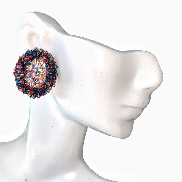 European glass Confetti earrings with multi color glass beads frame pierced - Picture 14 of 14
